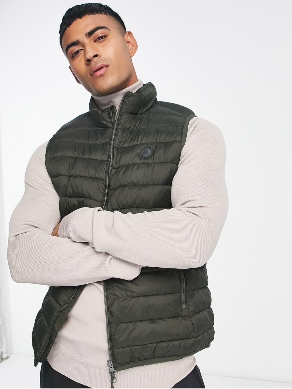 Men's Scalpers Quilted Puffer Olive Vest Jacket Size Large